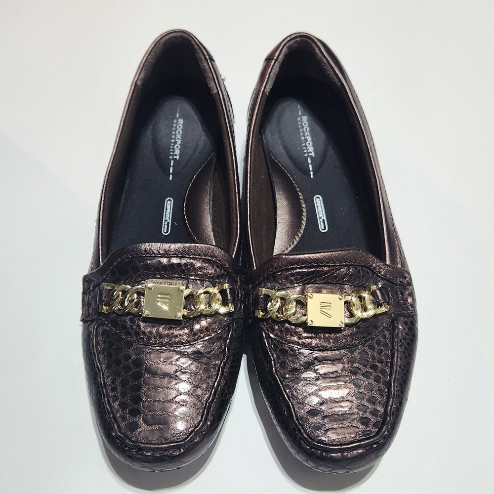 Rockport Walkability Loafers Women 7 Bronze Metallic Snakeskin Gold Chain A12588